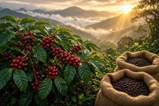 Blue Mountain coffee farm in Jamaica with ripe coffee cherries