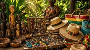 Jamaican craft market stall selling wood carvings, straw hats, and handmade jewelry