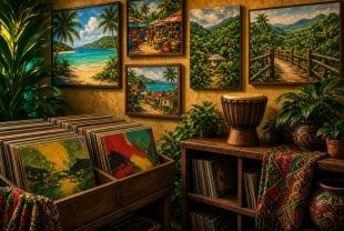 Reggae vinyl records, hand drum, and colorful Jamaican paintings in a gift shop